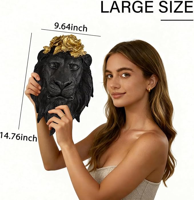 GUSFREUD Black Animal Heads Sculptures Wall Art - Resin Faux Lion for Home Wall Decor, Lion Wall Hanging Decoration for Living Room, Bedroom & Kitchen, Unique Gift Idea