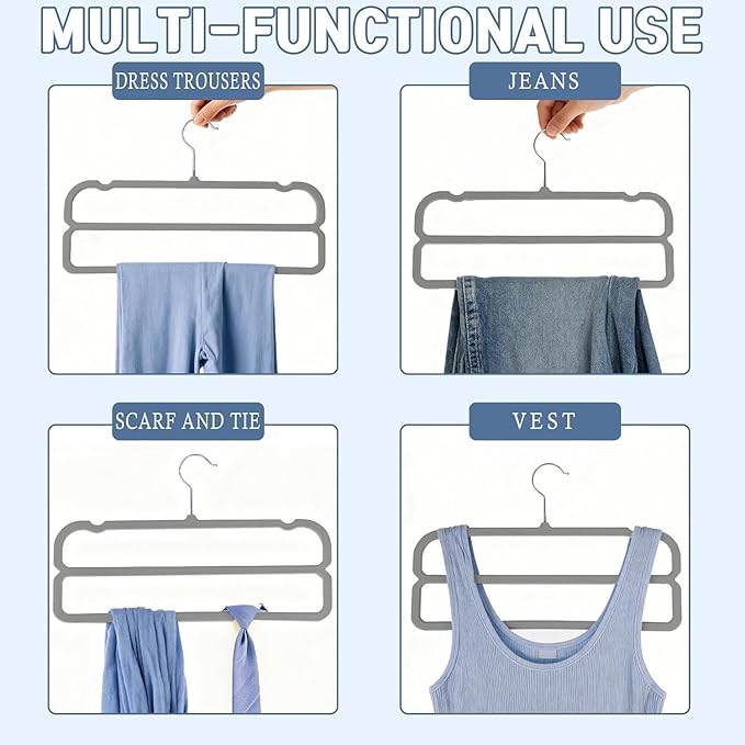 VSV stoage Velvet Pants Hangers with Double Non Slip Bar - Multiple Velvet Hangers for Closet - Thin Space Saving Clothes Hanger - 360° Swivel Felt Trouser Hanger Perchas Terciopelo 10 Pack (Grey)