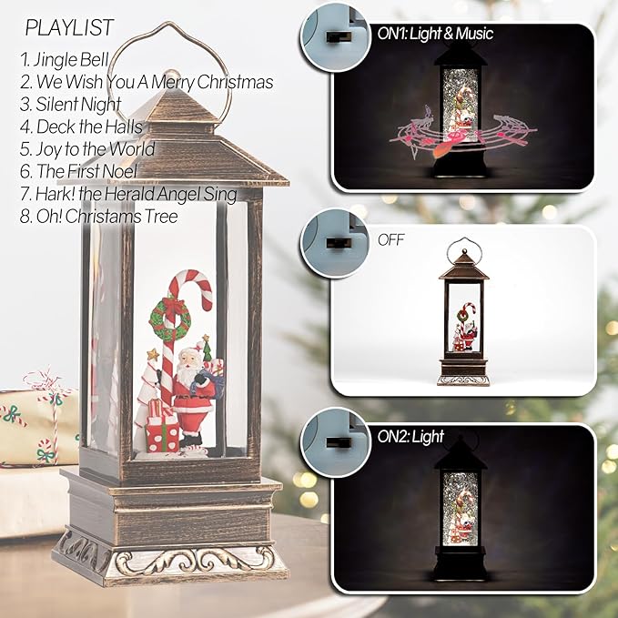 12" Christmas Snow Globe Lantern with Santa Claus - Water Glittering LED Light Lantern with Music - Vintage Xmas Angle Gift - USB Plug or Battery Operated Home Decor