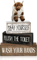 Moucuny 4 Pcs Highland Cow Bathroom Decor Set Funny Rustic Wooden Tiered Tray Signs with Highland Cow Toilet Figurine, Farmhouse Bathroom Shelf Decor, Etiquette Reminders for Restroom Toilet Vanity