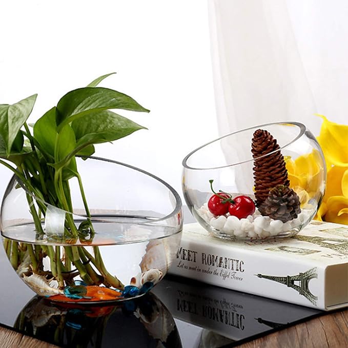 WGV Slant Cut Bowl Glass Vase Bulk, Width 9", Height 8.25", Clear Terrarium, Candy Dish, Fruit Jar, Floral Container for Wedding Party Event, Home Office Decor, 4 Pieces