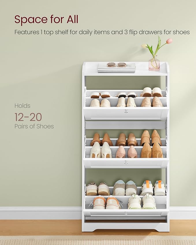 VASAGLE Shoe Cabinet with 3 Flip Drawers, Shoe Organizer, Adjustable and Removable Dividers, Holds 12-20 Pairs, Entryway, 9.4 x 23.6 x 47.7 Inches, Cloud White ULBC036WB02S