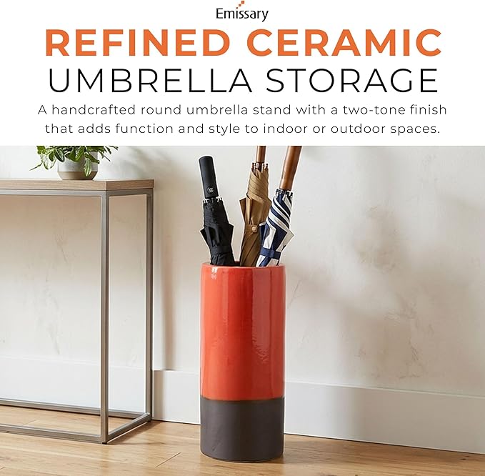 Emissary Home and Garden Two-Tone 19.5 in. H Round Ceramic Umbrella Stand in Bright Orange with High-fire Treatment