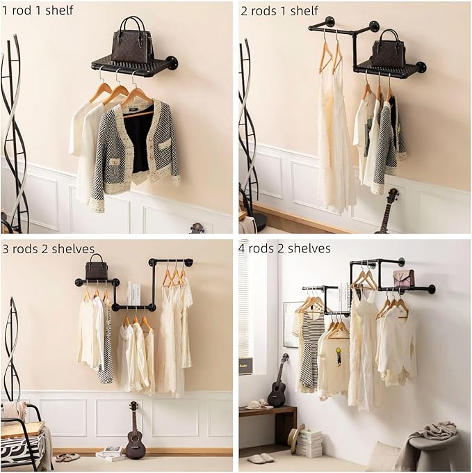 Industrial Pipe Clothing Rack with 2 Floating Shelves, 4 Hanging Rods Wall Mounted Garment Rack, Heavy Duty Iron Clothes Bar, Space-Saving Clothing Hanging Rails for Closet (4 hanging rods 2 shelves)
