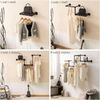 Industrial Pipe Clothing Rack with 2 Floating Shelves, 4 Hanging Rods Wall Mounted Garment Rack, Heavy Duty Iron Clothes Bar, Space-Saving Clothing Hanging Rails for Closet (4 hanging rods 2 shelves)