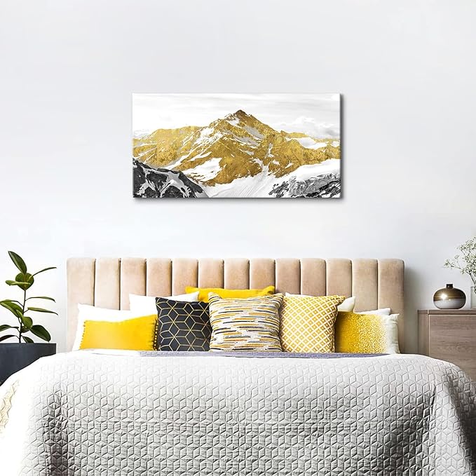 Large Golden Mountain Wall Art Abstract Black and Gold Mountain Wall Decor Nature Snowy Mountains Hill Landscape Canvas Paintings Pictures Modern Artwork Prints Living Room Office Decorations 24x48”