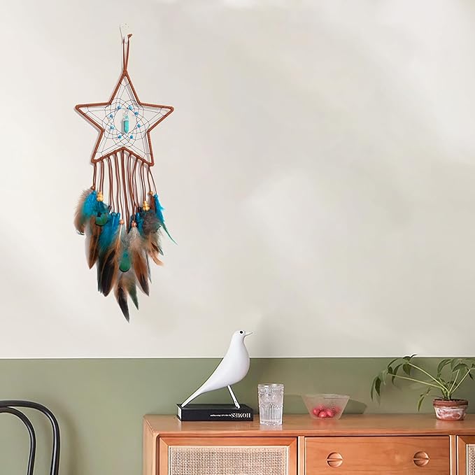 Dream Catcher Star Design Handmade Dreamcathers,Traditional Feather Dreamcatcher Hanging Home Wall Decoration Craft Ornament Native American Style Dream cathers, Brown