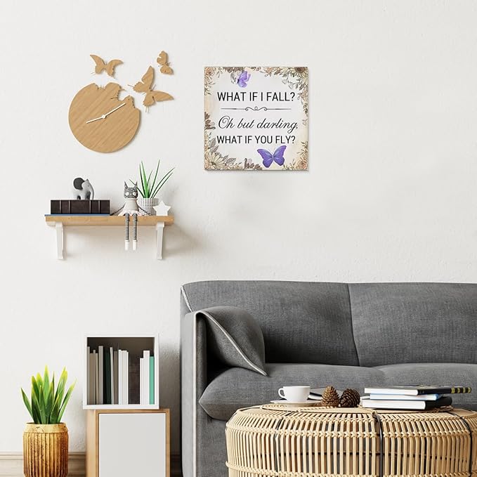 Inspirational Purple Butterfly Wall Art Decor, What If You Fly Motivational Quote Canvas Painting Artwork Picture Posters for Teens Room Bedroom Office (8 X 8 Inches, Framed)