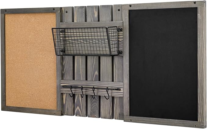 MyGift 3 Panel Wall Mounted Entryway Bulletin Board Combo Set with Vintage Gray Solid Wood Frame, Chalkboard, Cork Board, Black Metal Mail Basket, and Hanging Rail