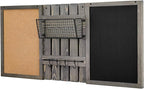 MyGift 3 Panel Wall Mounted Entryway Bulletin Board Combo Set with Vintage Gray Solid Wood Frame, Chalkboard, Cork Board, Black Metal Mail Basket, and Hanging Rail