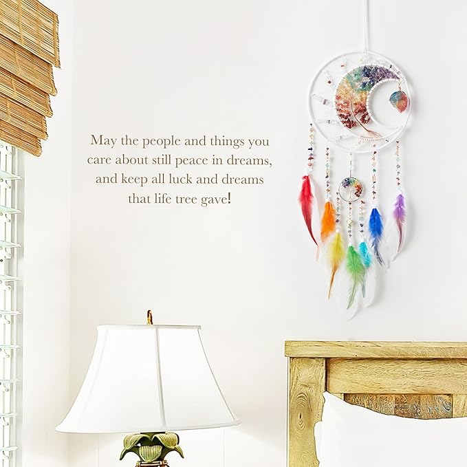 7 Chakras White Dream Catchers Tree of Life Dream Catcher Rainbow Feather Dreamcatcher Wall Decor with Healing Crystal & Fluorite Wall Art Hanging for Bedroom Home Decor Bless Gift Wedding Garden