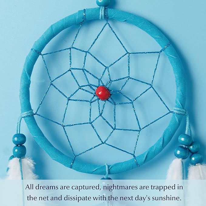 Pretty Jolly Indian Small Blue Dream Catchers Wall Decor Handmade Feathers Native Mini Dreamcatchers Home Decoration Ornament for Bedroom Birthday Party-2 Rings