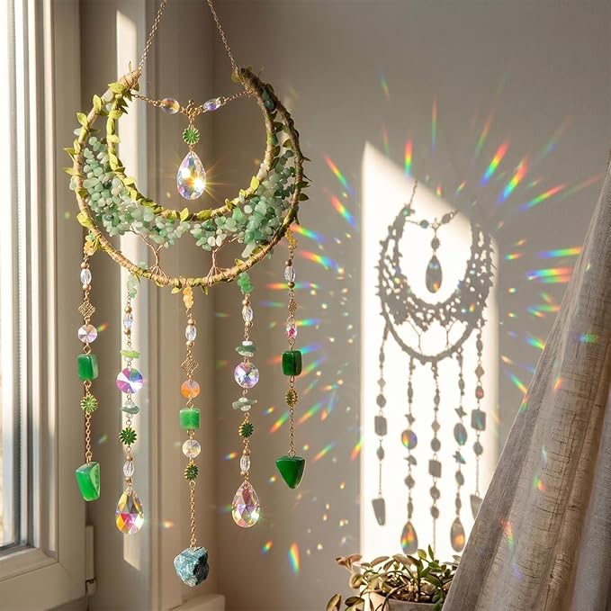 Crystal Moon Dream Catcher, Boho Green Dreamcatchers for Adults Girls, Handmade Agate Sun Catcher Wall Hanging for Bedroom Living Room Window Garden Décor