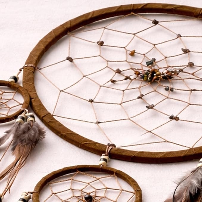 OMA Dream Catcher Wall Hanging with Tiger Eye Stones and Feathers, Brown Suede Traditional Dream Catcher Boho Home Decor Bedroom Decoration Gift Large Size - 28" Long x 9" Diameter