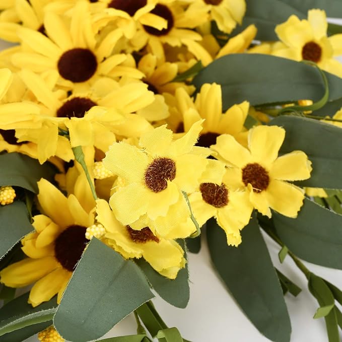JINGHONG Yellow Spring Wreath 22 Inch Summer Wreath with Sunflower and Daisy Flower Wreaths for Front Door Window Wall Decoration and Indoor Outdoor Decor