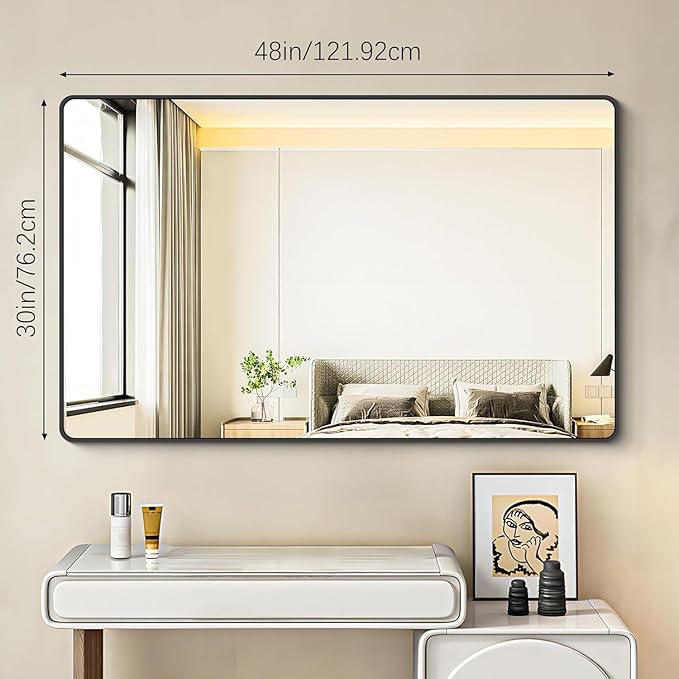 BONEWEI 30x48 inch Bathroom Mirror,Black Rectangle Mirror,Wall Mounted Bathroom Frame Vanity Mirror with Round Corner for Bedroom Living Room, Entryway Hangs Horizontal or Vertical