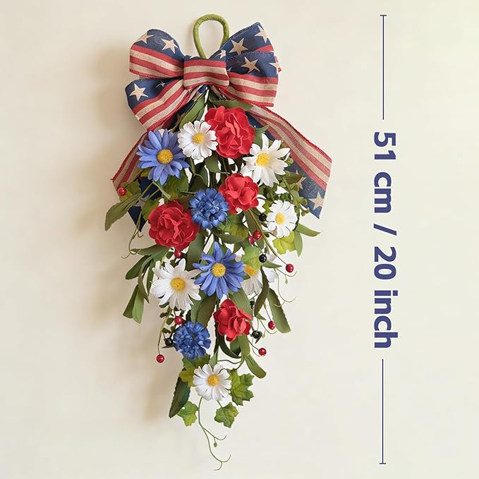 belot Patriotic Red White Blue Swag for Front Door, 20 Inch Patriotic American Memorial Day Floral Teardrop Swags, 4th of July Swag for Indoor Outdoor Farmhouse Decor