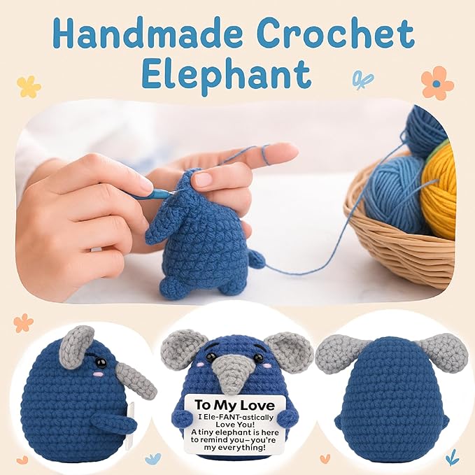 Gifts for Him Her, Handmade Crochet Elephant Doll, Cute Emotional Support Animal Gift for Boyfriend Girlfriend, Anniversary Birthday Valentines Day Gift for Wife Husband Couples