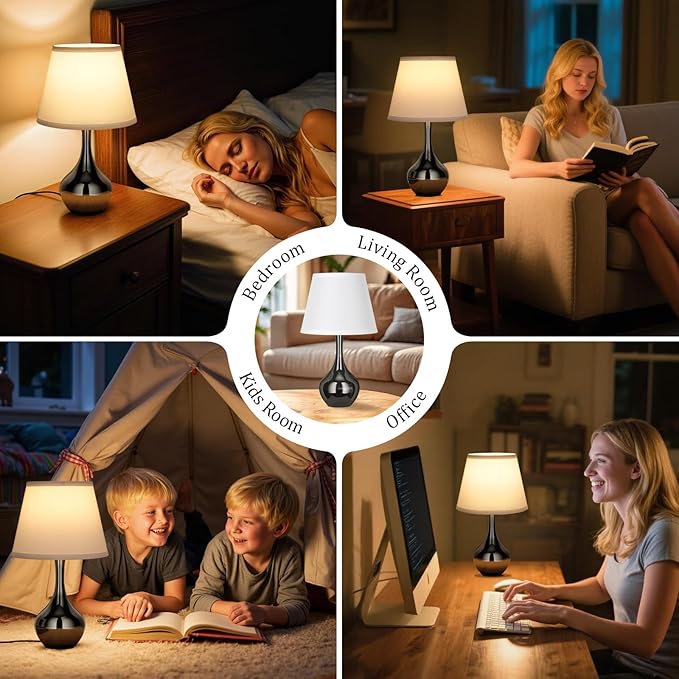 Seealle Touch Table Lamp for Bedroom, 3-Way Dimmable Small Bedside Lamps for Night Stands with Wires, Gloss Black Desk Lamp for Kids Room, Office, Living Room, End Table(LED Bulb Included)