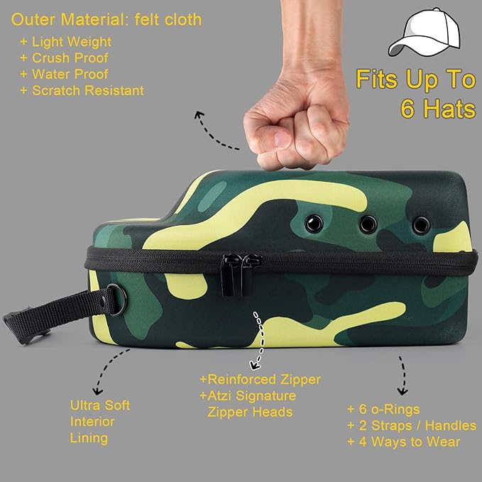 Hard baseball hat case, Hat Carrier Travel Case with Adjustable Shoulder Strap, Hat cap case for 6 Baseball Caps - Perfect for Traveling (Camo Green)