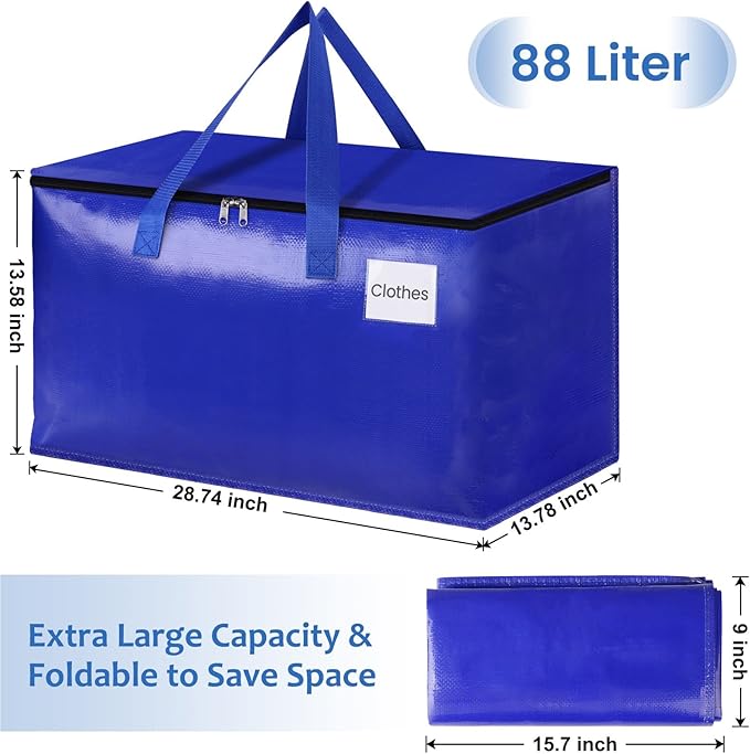 Moving Bags, Storage Bags with Sturdy Handles and Heavy Duty Zippers, Storage Totes for Space Saving, Moving & Storage, Collapsible Moving Supplies(88L, 10-Pack, Blue)