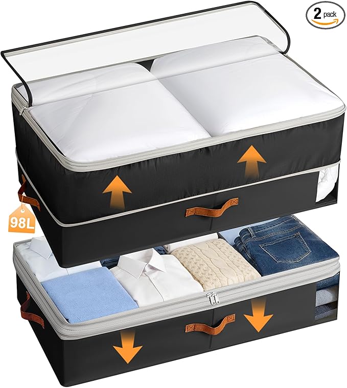 Under Bed Storage Bins - 98L Height-adjustable Under Bed Storage Containers, Compression Blanket Storage Comforter Storage Sweater Storage, Clothes Storage Bins With Clear Window, 2 Pack Black