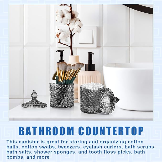 Aoriher 4 Pcs Crystal Glass Candy Jar Set with Lids Home Decorative Storage Jars for Apothecary, Bathroom, Kitchen, and Pantry, Ideal for Cotton Swabs and Jewelry(Large,Gray)