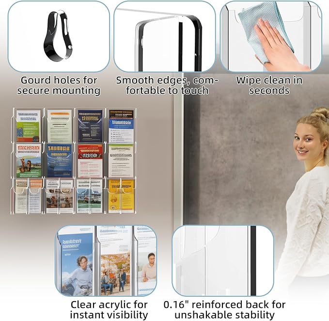 Acrylic Brochure Pamphlet Holder, 8 Magazine Holders and 8 Pamphlet Holders, Clear Brochure Display Holder Wall Mount, Trifold Flyer Rack, Literature Storage Rack for Home, Offices, Waiting Room