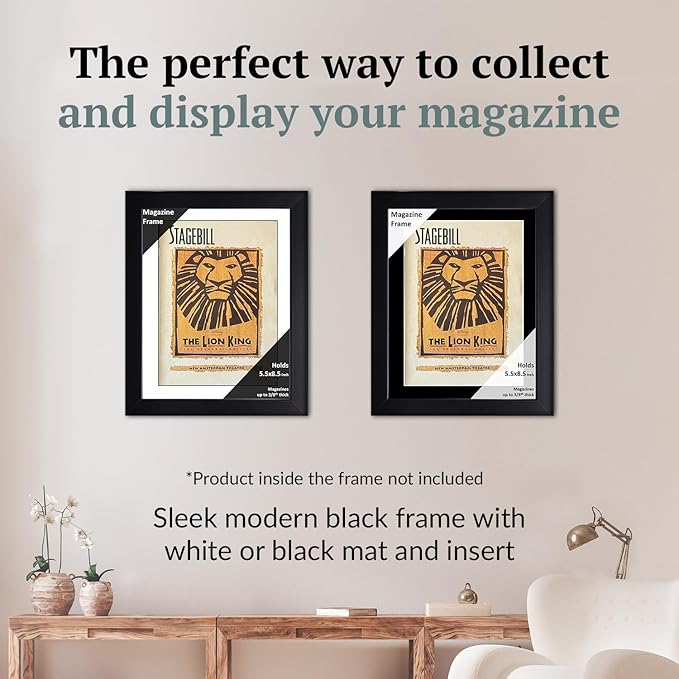 Creative Picture Frames 5.5 x 8.5 Magazine Theatre Show Frame with Full-Strength Glass, Holds Up To A 1/4" Thick Media with Installed Hangers for Easy Mounting, 8x10 Black Frame with White Mat