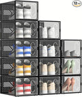 12 Packs Clear Plastic Shoebox With Magnetic Door, X-Large(14"× 10" × 7") Stackable Shoe Box Storage With Lids, Multifunctional Sneaker Containers, Toy Storage, Space-Saving Shoe Rack Black