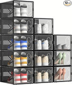 12 Packs Clear Plastic Shoebox With Magnetic Door, X-Large(14"× 10" × 7") Stackable Shoe Box Storage With Lids, Multifunctional Sneaker Containers, Toy Storage, Space-Saving Shoe Rack Black