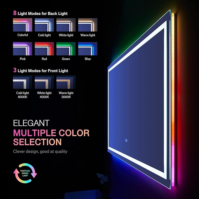 LOAAO 72”X40“ RGB LED Bathroom Mirror with Lights, Large, Anti-Fog, Dimmable Smart Lighted Bathroom Vanity Mirror, Multiple Light Modes, RGB Backlit + Front Light, Memory Function, Tempered Glass