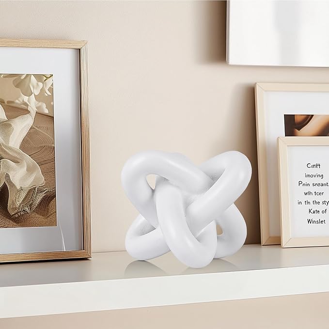 White knot sculpture, three-knot sculpture white home decor accent, suitable for rustic-style coffee table stands, living room TV cabinets, dining tables, entryway shelves, and small decorations.