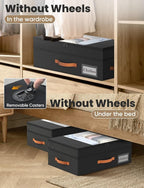 2-Pack Under Bed Storage with Wheels and 6 Vacuum Seal Bags, Adjustable Height 7.9"-10.2",Heavy Duty Capacity,Clear Lid Organizer for Dorm Bedroom Clothes Shoes Books,Quick Assembly Space Saver，Black