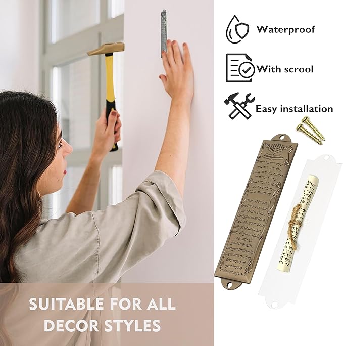 Mezuzah with Scroll for Door, Self-Stick Metal Blessing Mezuzah Cases, Brass Plaque with English and Hebrew Blessing Scripture for Jewish House Warming Gift, Hannukah Decor (1Pack)