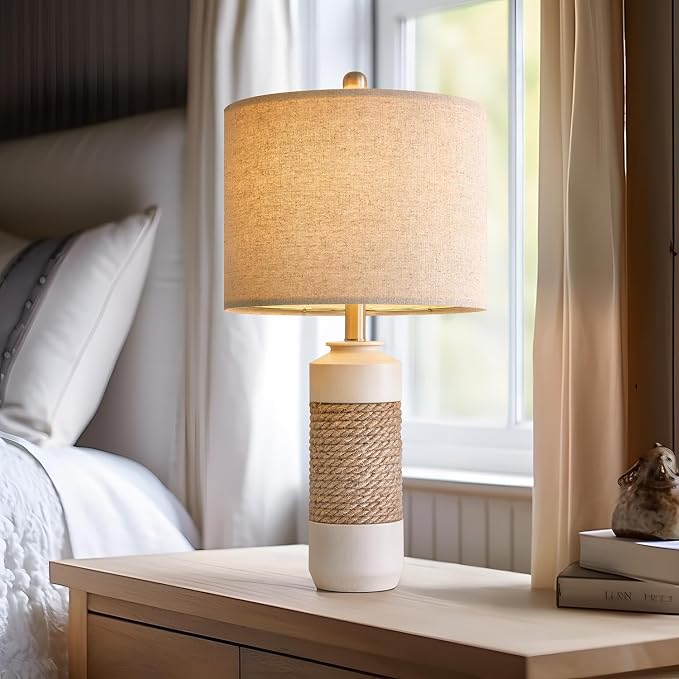 OYEARS 23.75" Bedside Table Lamps Set of 2 for Sleeping and Reading, Vintage Farmhouse Rattan Table Lamp Antique White Resin Lamp for Decoration, Office Living Room Bedside Table