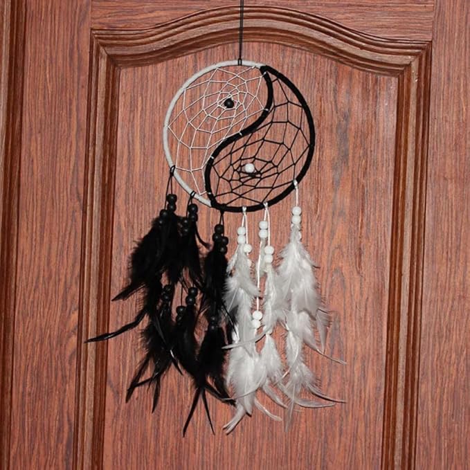 Yahpetes Dream Catcher 19.7" Feather Chandelier Ornaments Handmade Indian Wall Decoration Interior Rearview Pendant Charm Car Hanging with Feathers Beads (Black and White)
