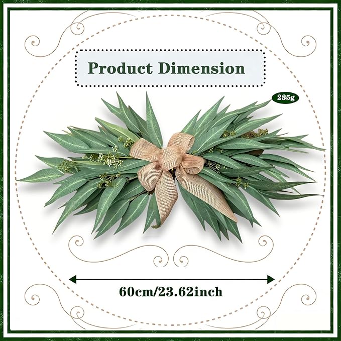 24 Inch Artificial Eucalyptus Greenery Swag with Rustic Linen Bow, Farmhouse Mantel & Wall Decor for Spring, Summer and Year-Round Home or Wedding Decoration（2pcs