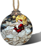 DASTOLL Stained Glass Christmas Decorations, Golden Moon Santa Claus Cloud Suncatcher for Window Christmas Tree Hanging Ornaments Sun Catcher Xmas Decor Gifts for Women Men Mom Nana Friend