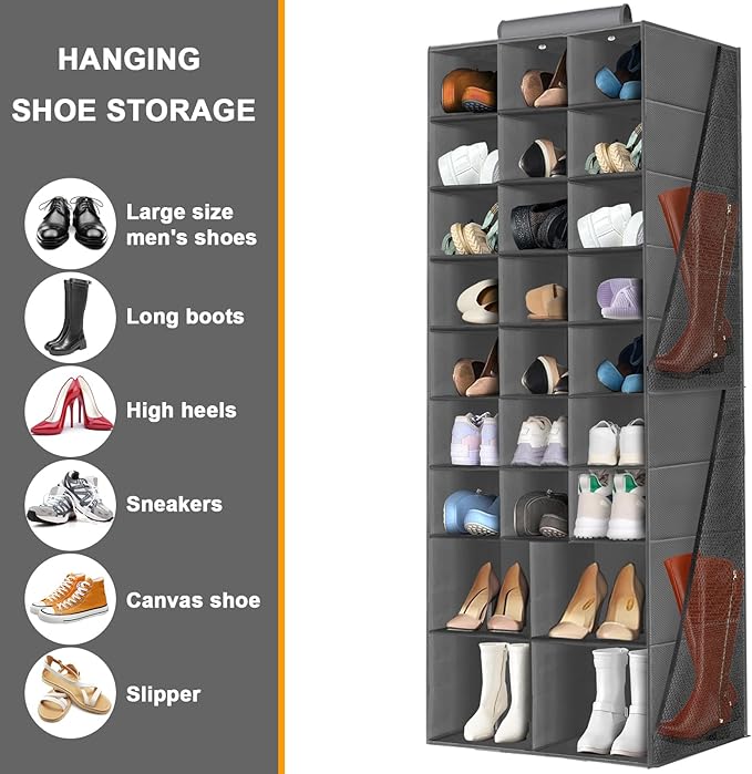Hanging Shoe Organizer for Closet, Closet Hanging Shoe Storage Rack Holder Shelves,Collapsible Shoe Closet Organizers and Storage with 4 Large Side Pockets,25 Sections for Shoes,Hats,Clothes(Gray)