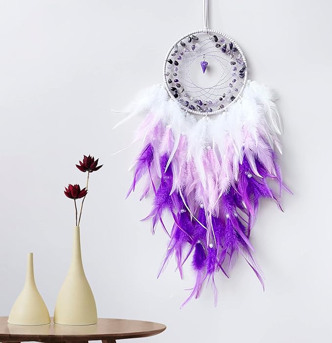 Purple Dream Catchers, Handmade Traditional Circular Net with Lucky Crystal Stones, Perfect Wall Hanging for Home Decor, Girl’s Bedroom, Art Ornament Craft Gift (Purple and Pink)