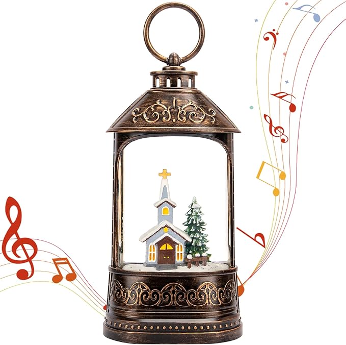 Christmas Snow Globe Lantern, Glitter Lighted Church Snow Globe with Music,Musical Christmas Decorations USB and Battery Operated, Christmas Decor