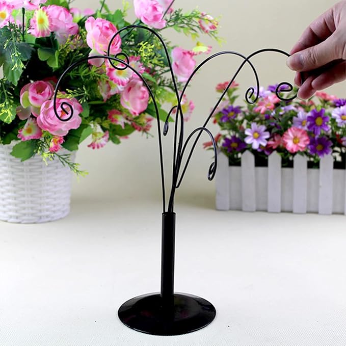 10.6 inch Ornament Tree Display Stand Rotating Decor, Decorative Black Metal Tabletop Display Stand Features Multiple Hooks, Display Rack for Ornaments Glass Globes Balls and Small Craft Items (1PCS)