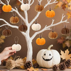 12 Pcs Velvet Pumpkins Fall Thanksgiving Pumpkins Hanging Ornaments Fall Tree Decorations Orange White Brown Velvet Wrapped Pumpkin Ball Decor with Hemp Rope for Thanksgiving Party Tree Farmhouse (A)