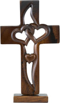DAICAT - Handcarved Wood Cross with Intertwined Hearts, Crosses Wall Decor, Hand Made Wall Hanging Art Décor, Grift for Wedding (No 6)