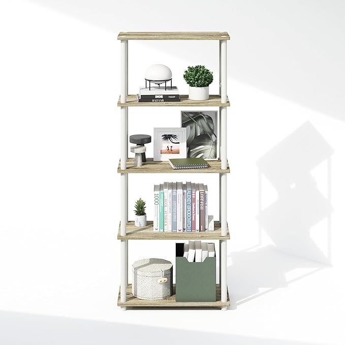 Furinno Turn-N-Tube Book Shelf, 5-Tier Bookshelf, Bookcase with Multipurpose Compact Display Rack, 11.6 x 23.6 x 57.4, for Living Room, Bedroom, Home Office, Sonoma Oak/White