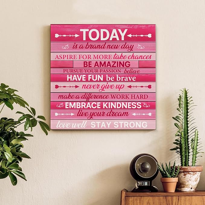 Pink Wall Decor, Inspirational Office Wall Art for Women, Motivational Quotes Room Decor For Teen Girls, Pink Framed Canvas Posters for Bedroom Kitchen Home Decorations, 8 x 8 Inches