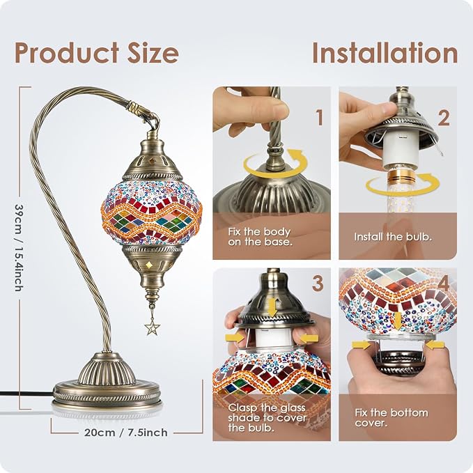Yarra-Decor Turkish Moroccan Lamp with Bronze Base 3 Color Options Handmade Swan Neck Tiffany Mosaic Glass Bedside Lamps for Bedroom (LED Bulb Included)(5)
