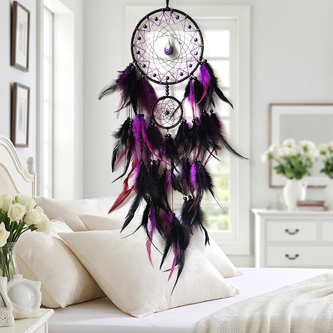 Black and Purple Dream Catcher Wall Decor Feather Dream Catchers with Pendant Handmade Dreamcatcher Wall Hanging Ornament for Bedroom Living Room Home Decor