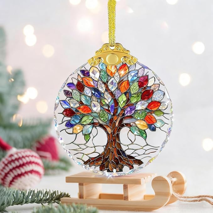 Tree of Life Stained Glass Thank You Gifts for Women Christmas Tree Decorations Crystal Ornaments Appreciation Gifts for Coworkers Teacher Best Friend Boss Birthday Gifts for Mom Car Hanging Ornament